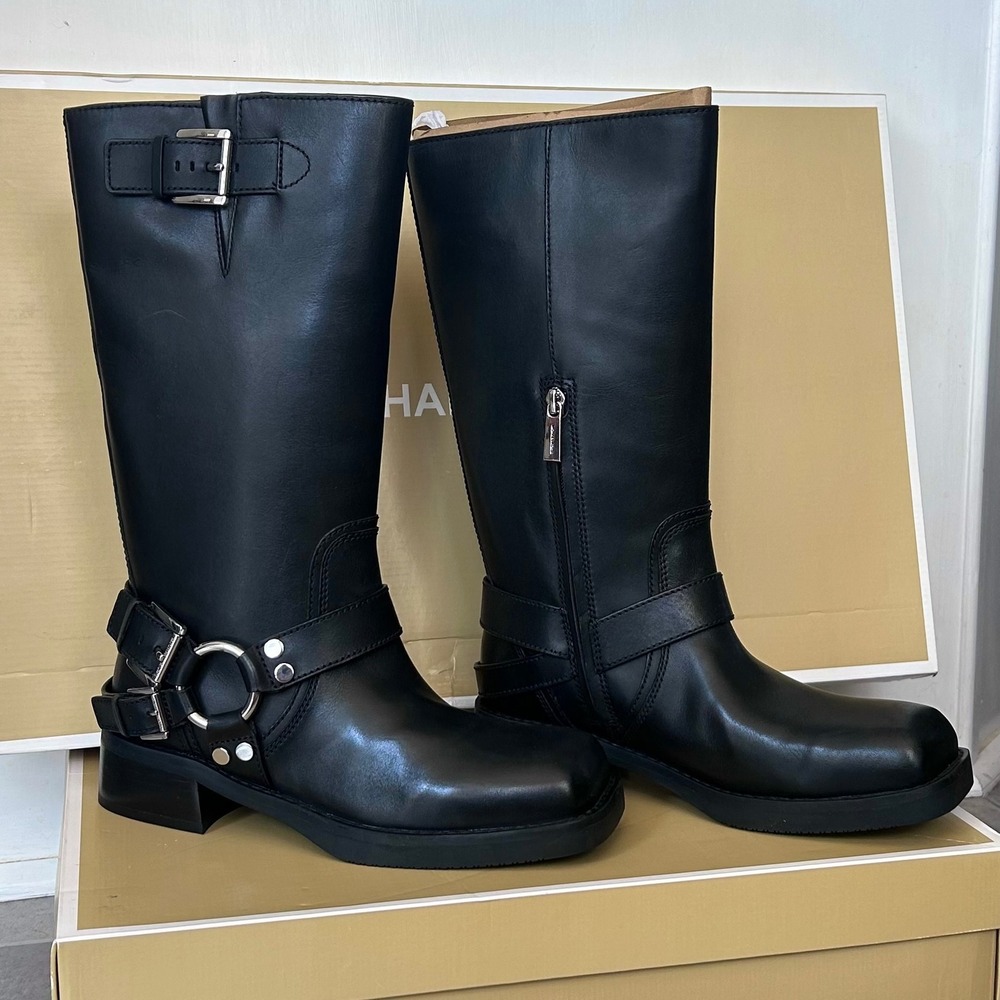 Michael Kors Black Leather Harness Moto Boots Square Toe Size 7M MSRP $295